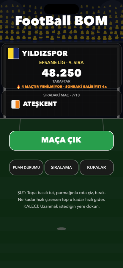 Ana menü: takım kartı, taraftar sayısı, sıradaki maç